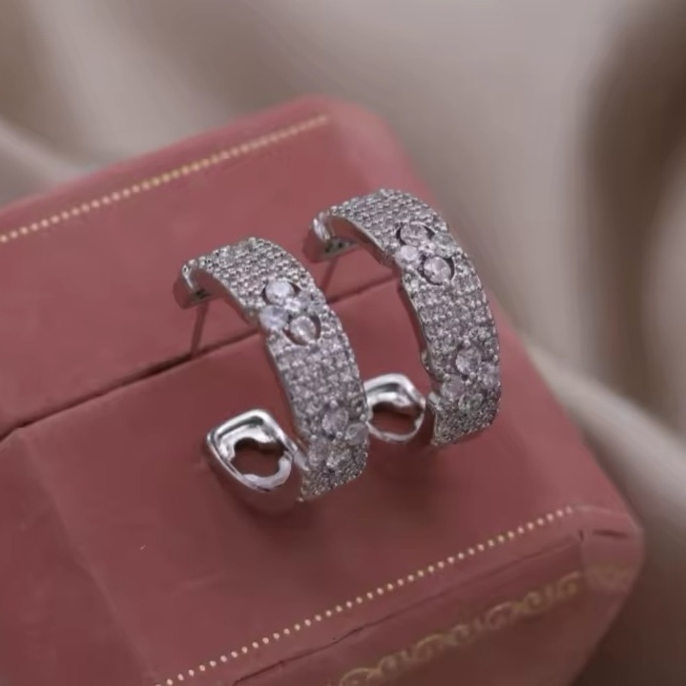 CZ SILVER FLORET HOOP EARRINGS - Picture 3 of 6